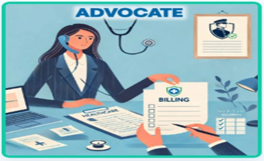 Illustration of a patient advocate at her desk reviewing healthcare paperwork